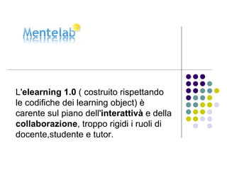 L' elearning 1.0  ( costruito rispettando le codifiche dei learning object) è carente sul piano dell' interattivà  e della  collaborazione , troppo rigidi i ruoli di docente,studente e tutor. 