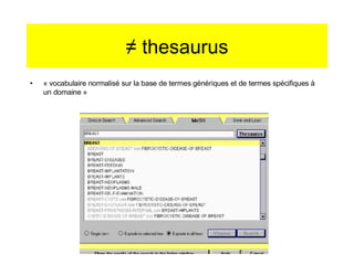 ≠  thesaurus « vocabulaire normalisé sur la base de termes génériques et de termes spécifiques à un domaine » 