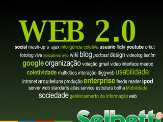 social  mash-up´s    ajax  inteligência coletiva   usuário  flickr  youtube  orkut fotolog viva  aplicativos web   wiki   blog   podcast   design  videolog lastfm  google   organização  votação gmail video interface meebo  coletividade  multidões interação digg web  usabilidade  intranet  arquitetura  produção  enterprise  feeds reader  ipod  server web standarts atlas service estrutura bolha  Mobilidade   sociedade   gerênciamento da informação  web WEB 2.0 