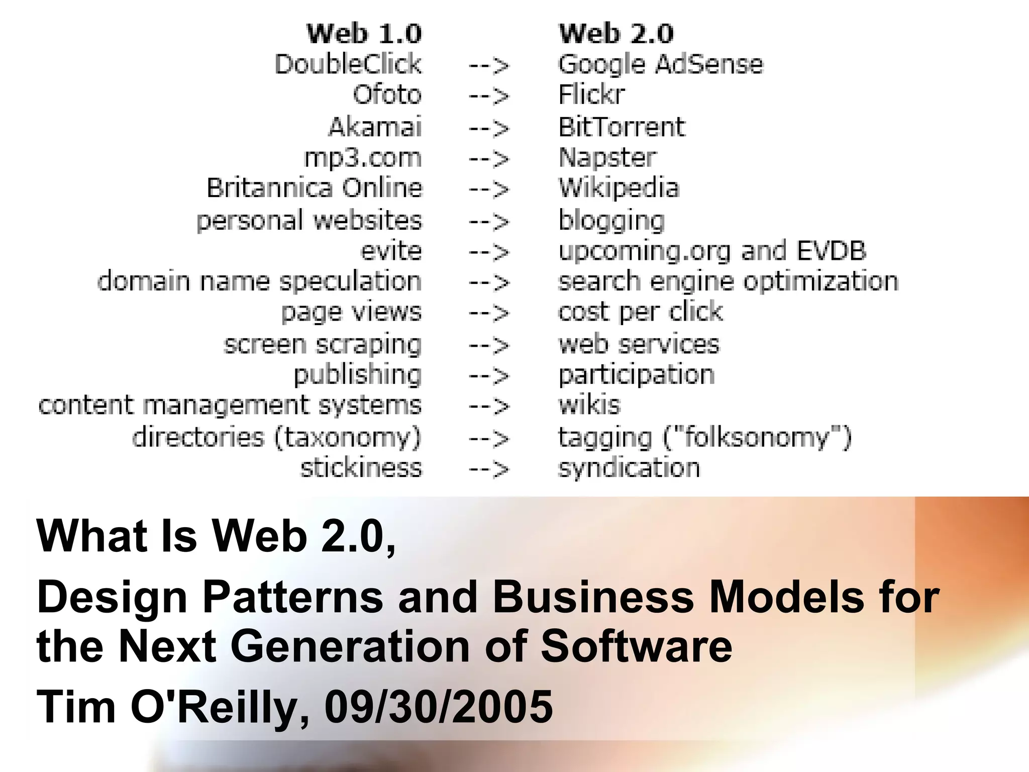 What Is Web 2.0, Design Patterns and Business Models for the Next Generation of Software Tim O'Reilly, 09/30/2005 