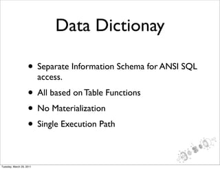 Data Dictionay

                    • Separate Information Schema for ANSI SQL
                          access.
                    • All based on Table Functions
                    • No Materialization
                    • Single Execution Path

Tuesday, March 29, 2011
 