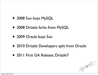 • 2008 Sun buys MySQL
                    • 2008 Drizzle forks from MySQL
                    • 2009 Oracle buys Sun
                    • 2010 Drizzle Developers split from Oracle
                    • 2011 First GA Release, Drizzle7

Tuesday, March 29, 2011
 