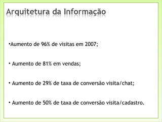Aumento de 96% de visitas em 2007; Aumento de 81% em vendas; Aumento de 29% de taxa de conversão visita/chat; Aumento de 50% de taxa de conversão visita/cadastro. 