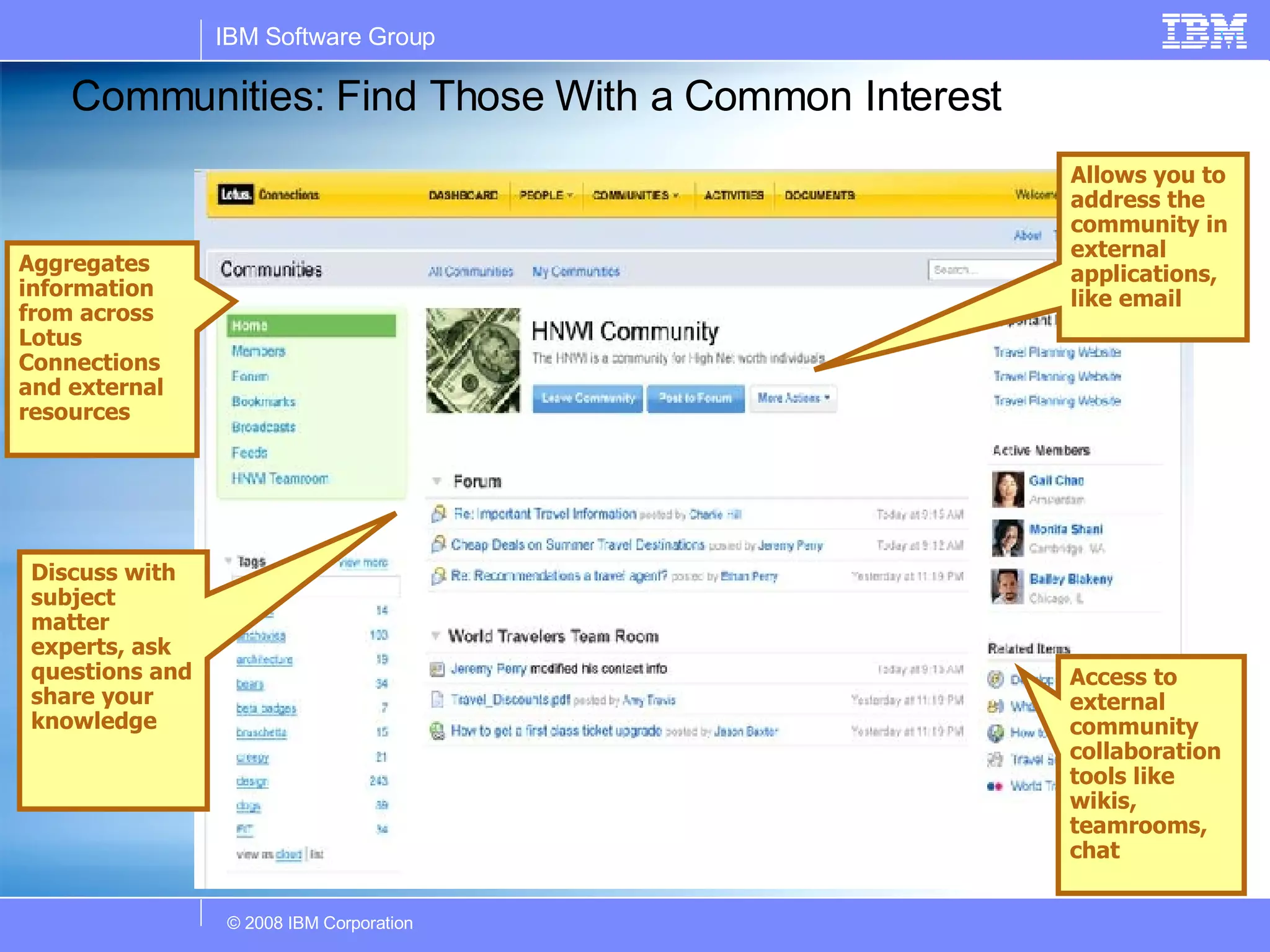Communities: Find Those With a Common Interest Aggregates information from across Lotus Connections and external resources Access to external community collaboration tools like wikis, teamrooms, chat Discuss with subject matter experts, ask questions and share your knowledge Allows you to address the community in external applications, like email 