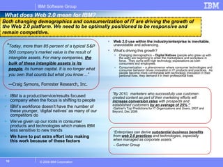 What does Web 2.0 mean for IBM? Web 2.0 use within the industry/enterprise is inevitable ,  unavoidable and advancing. What’s driving this growth?   Changing demographics –  Digital Natives  (people who grew up with the web) are beginning to enter the marketplace and workplace in force.  They come with high technology expectations as both consumers and employees. Consumerization – a phenomenon where consumer technologies and consumer behavior drives innovation in IT products and practices.  As people become more comfortable with technology innovation in their personal lives, they demand it in their professional lives. Both changing demographics and consumerization of IT are driving the growth of the Web 2.0 platform. We need to be optimally positioned to be responsive and remain competitive .  IBM is a product/service/results focused company when the focus is shifting to people IBM’s workforce doesn’t have the number of these younger, ‘digital natives’ as many of our competitors do We’ve given up our roots in consumer products and technologies which makes IBM less sensitive to new trends We have to put extra effort into making this work because of these factors “ Today, more than 85 percent of a typical S&P 500 company’s market value is the result of intangible assets. For many companies,  the bulk of these intangible assets is its people , its human capital. It is no longer what you own that counts but what you know…”  — Craig Symons, Forrester Research, Inc. "By 2010,  marketers who successfully use customer-created content as part of their marketing efforts will  increase conversion rates   with prospects and established customers  by an average of 25% . ” - Gartner's Top Predictions for IT Organizations and Users, 2007 and Beyond, Dec 2006 “ Enterprises can derive  substantial business benefits  from  web 2.0 practices   and technologies, especially when managed as corporate assets.”  –  Gartner Group 