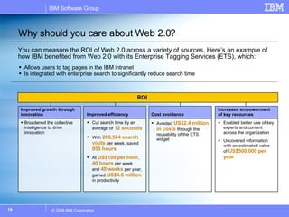 Why should you care about Web 2.0? You can measure the ROI of Web 2.0 across a variety of sources. Here’s an example of how IBM benefited from Web 2.0 with its Enterprise Tagging Services (ETS), which: Allows users to tag pages in the IBM intranet Is integrated with enterprise search to significantly reduce search time ROI Improved growth through innovation Broadened the collective intelligence to drive innovation Improved efficiency Cut search time by an average of  12 seconds   With  286,584   search visits  per week, saved  955 hours At  US$100   per hour ,  40 hours  per week  and  48 weeks  per year, gained  US$4.6 million  in productivity Cost avoidance Avoided  US$2.4 million   in costs  through the reusability of the ETS widget Increased empowerment  of key resources Enabled better use of key experts and content across the organization Uncovered information with an estimated value of  US$500,000   per year 