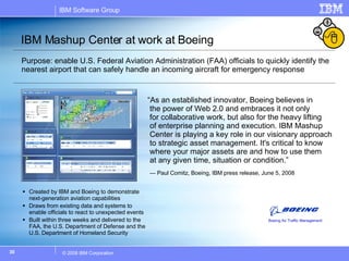 IBM Mashup Center at work at Boeing Purpose: enable U.S. Federal Aviation Administration (FAA) officials to quickly identify the nearest airport that can safely handle an incoming aircraft for emergency response Created by IBM and Boeing to demonstrate next-generation aviation capabilities  Draws from existing data and systems to enable officials to react to unexpected events Built within three weeks and delivered to the FAA, the U.S. Department of Defense and the U.S. Department of Homeland Security “ As an established innovator, Boeing believes in  the power of Web 2.0 and embraces it not only  for collaborative work, but also for the heavy lifting  of enterprise planning and execution. IBM Mashup Center is playing a key role in our visionary approach to strategic asset management. It's critical to know where your major assets are and how to use them  at any given time, situation or condition.”  —  Paul Comitz, Boeing, IBM press release, June 5, 2008 Boeing Air Traffic Management 