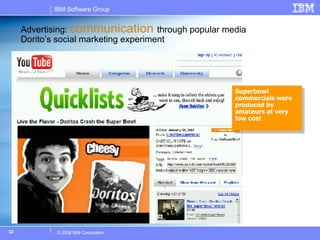 Advertising:  communication  through popular media Dorito’s social marketing experiment Superbowl commercials were produced by amateurs at very low cost 