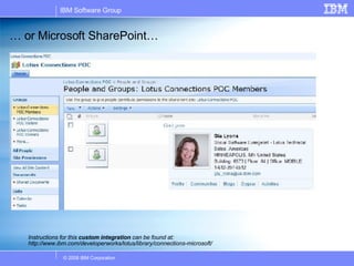 …  or Microsoft SharePoint… Instructions for this  custom integration  can be found at: http://www.ibm.com/developerworks/lotus/library/connections-microsoft/ 