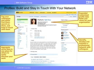 Profiles: Build and Stay In Touch With Your Network Expanded customized profile data fields and views for your organization Aggregate social data in one place for others to easily discover your work Identify, develop and maintain a professional network with colleagues Tag your colleagues and easily find them, search on them, and keep in touch with them 