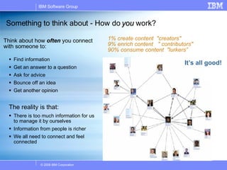 Something to think about - How do  you  work? Find information Get an answer to a question Ask for advice Bounce off an idea  Get another opinion The reality is that: There is too much information for us to manage it by ourselves Information from people is richer We all need to connect and feel connected Think about how  often  you connect with someone to: 1% create content  "creators" 9% enrich content  " contributors" 90% consume content  "lurkers” It’s all good!   