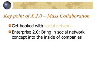 Key point of X 2.0 C Mass Collaboration Get hooked with  social network Enterprise 2.0: Bring in social network concept into the inside of companies 