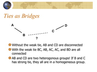 Ties as Bridges Without the weak tie, AB and CD are disconnected With the weak tie BC, AB, AC, AC, and BD are all connected AB and CD are two heterogonous groups! If B and C has strong tie, they all are in a homogeneous group. A B C D ? 