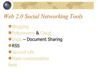 Web 2.0 Social Networking Tools Blogging Folksonomy  &  Cloud Diigo  C Document Sharing RSS Second Life  Mass customization Next 