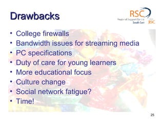 Drawbacks College firewalls Bandwidth issues for streaming media PC specifications Duty of care for young learners More educational focus Culture change Social network fatigue? Time! 