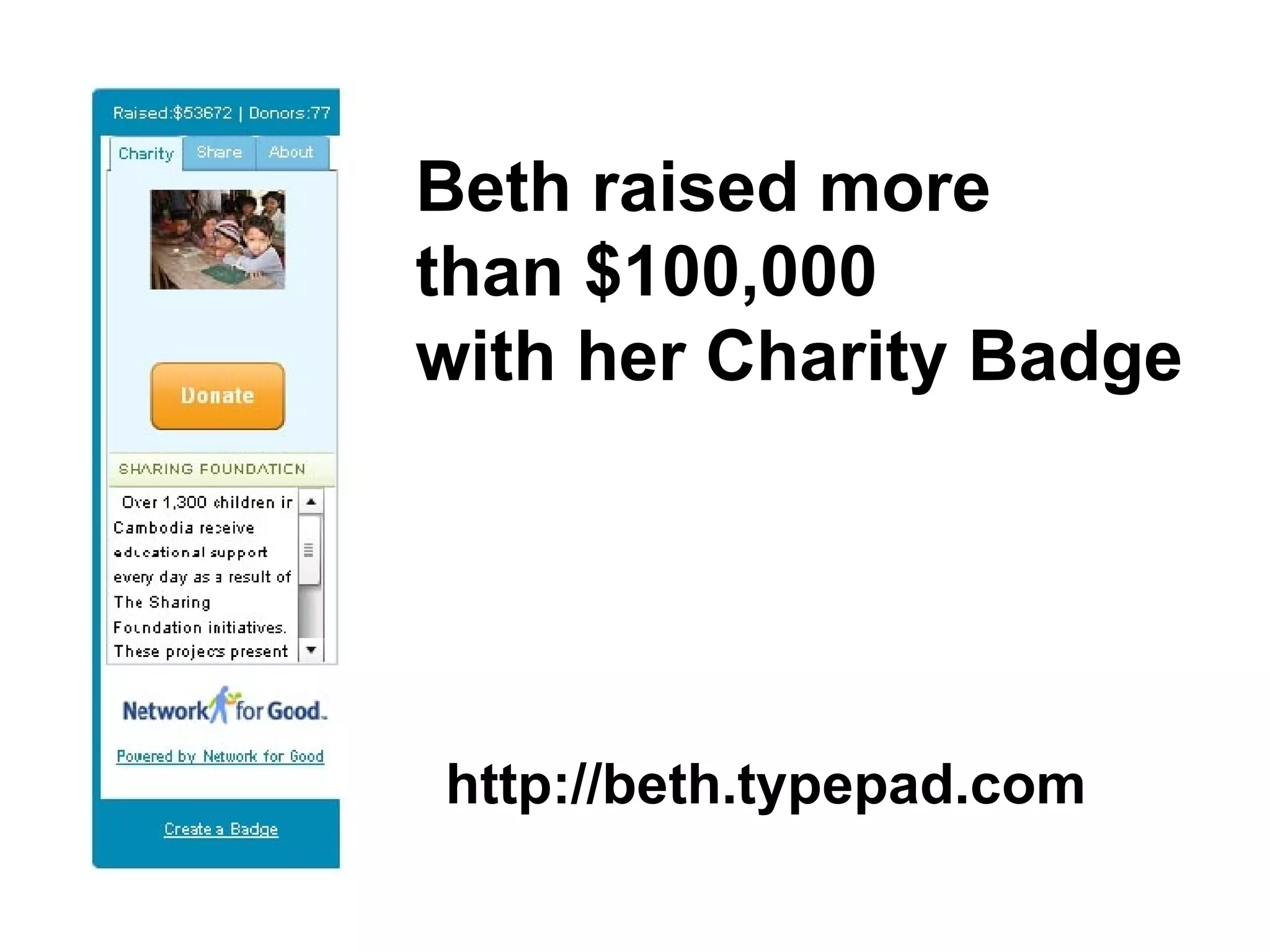 Beth raised more than $100,000 with her Charity Badge http://beth.typepad.com