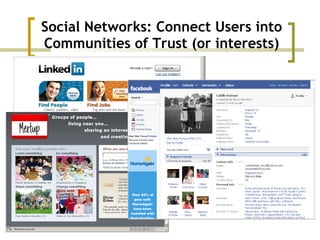 Social Networks: Connect Users into Communities of Trust (or interests) 