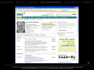 Einleitung   | Web 2.0? | Weblogs |  Soziale Netzwerke  | Partizipation | Ausblick 