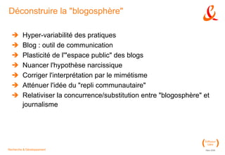 Déconstruire la "blogosphère" Hyper-variabilité des pratiques Blog : outil de communication Plasticité de l'"espace public" des blogs Nuancer l'hypothèse narcissique Corriger l'interprétation par le mimétisme Atténuer l'idée du "repli communautaire" Relativiser la concurrence/substitution entre "blogosphère" et journalisme 