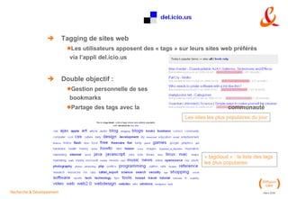 Tagging de sites web Les utilisateurs apposent des « tags » sur leurs sites web préférés via l’appli del.icio.us Double objectif : Gestion personnelle de ses  bookmarks Partage des tags avec la  communauté Les sites les plus populaires du jour « tagcloud » : la liste des tags  les plus populaires 