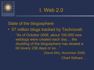 I. Web 2.0 State of the blogosphere 57 million blogs tracked by Technorati: “ As of October 2006, about 100,000 new weblogs were created each day… the doubling of the blogosphere has slowed a bit (every 236 days or so…” (David Sifry, November 2006)  Chart follows… 