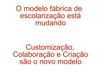 O modelo fábrica de escolarização está mudando Customização, Colaboração e Criação são o novo modelo 