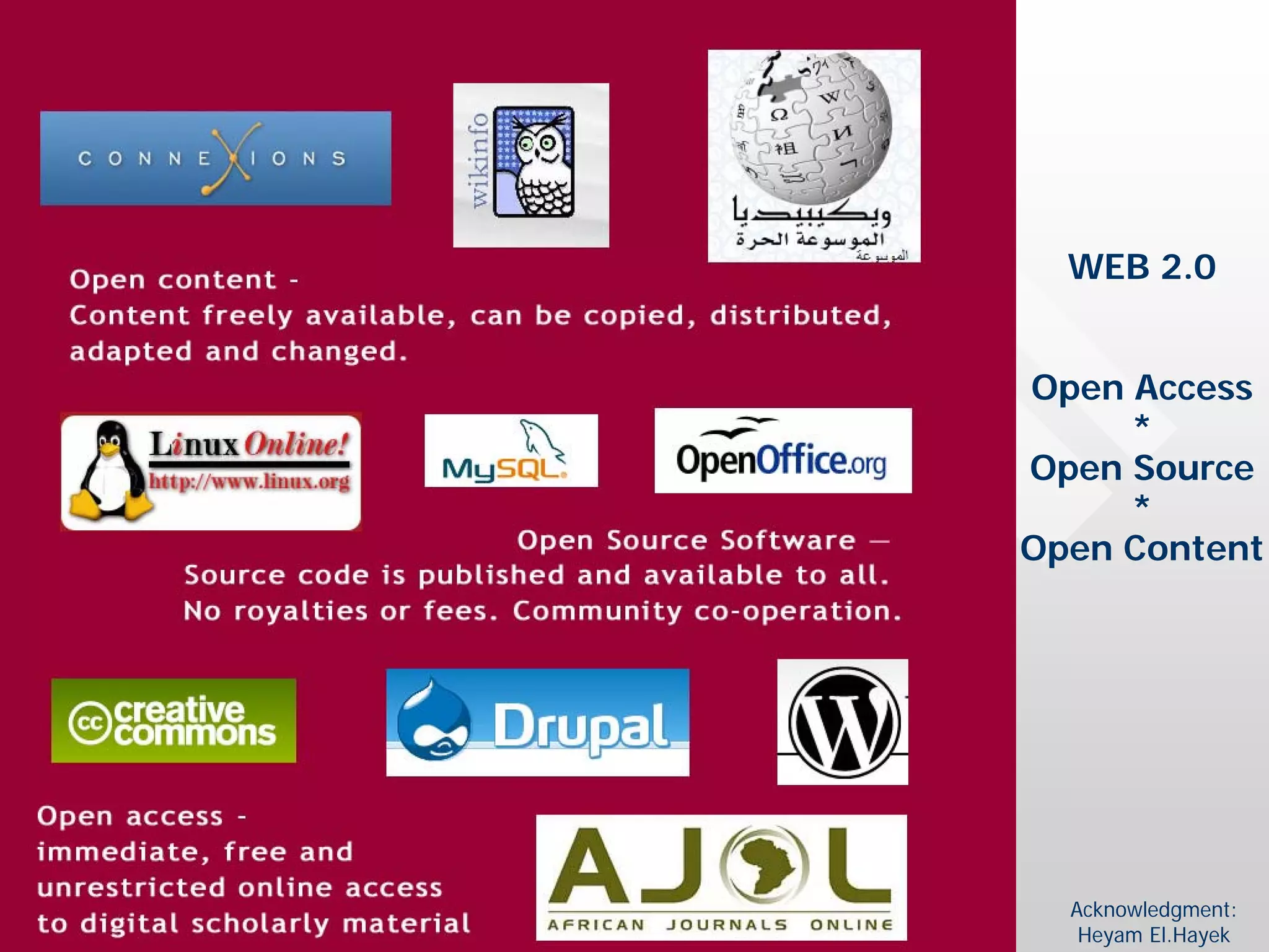 WEB 2.0


Open Access
     *
Open Source
     *
Open Content




  Acknowledgment:
   Heyam El.Hayek
 