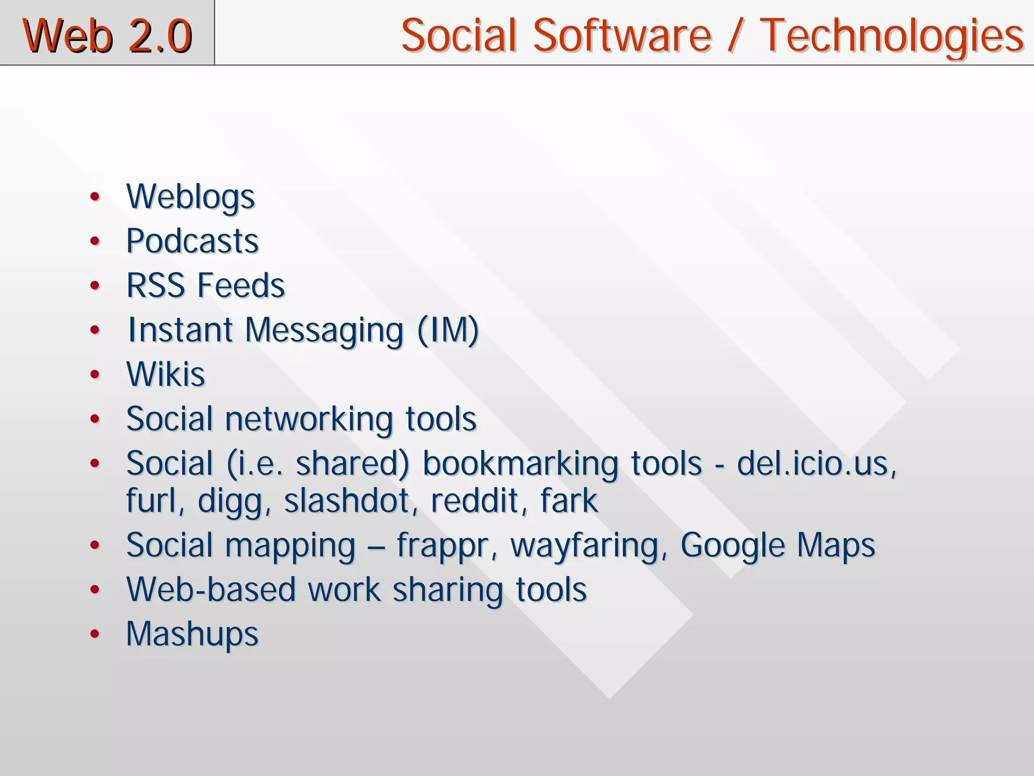 Web 2.0                Social Software / Technologies


  • Weblogs
  • Podcasts
  • RSS Feeds
  • Instant Messaging (IM)
  • Wikis
  • Social networking tools
  • Social (i.e. shared) bookmarking tools - del.icio.us,
    furl, digg, slashdot, reddit, fark
  • Social mapping – frappr, wayfaring, Google Maps
  • Web-based work sharing tools
  • Mashups
 