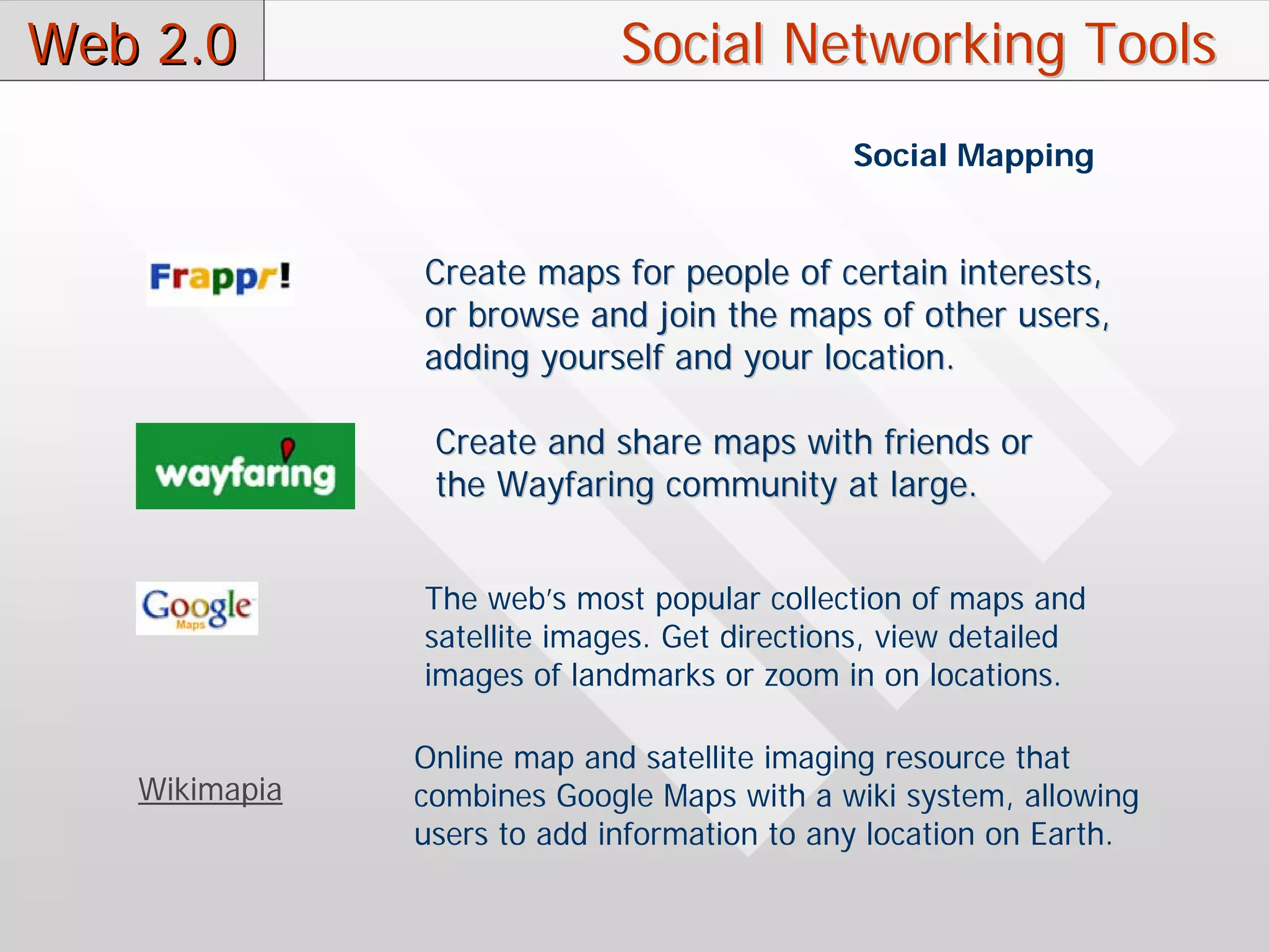 Web 2.0                      Social Networking Tools
                                             Social Mapping


               Create maps for people of certain interests,
               or browse and join the maps of other users,
               adding yourself and your location.

                Create and share maps with friends or
                the Wayfaring community at large.


               The web’s most popular collection of maps and
               satellite images. Get directions, view detailed
               images of landmarks or zoom in on locations.

               Online map and satellite imaging resource that
   Wikimapia   combines Google Maps with a wiki system, allowing
               users to add information to any location on Earth.
 