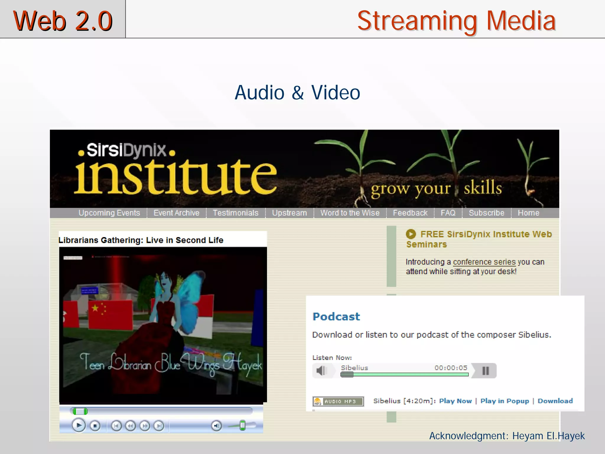 Web 2.0               Streaming Media

          Audio & Video




                           Acknowledgment: Heyam El.Hayek
 