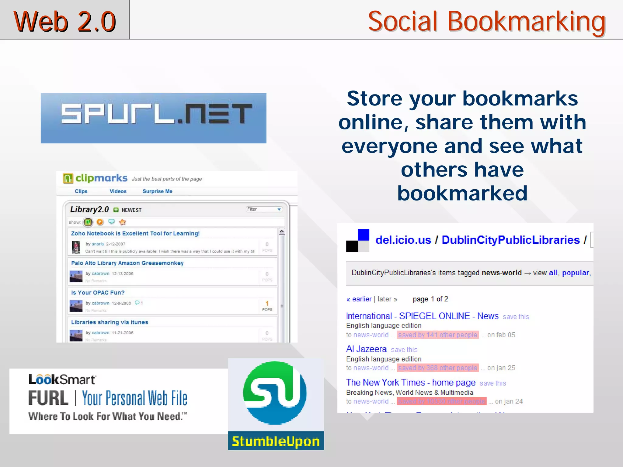 Web 2.0     Social Bookmarking

           Store your bookmarks
          online, share them with
          everyone and see what
                others have
                bookmarked
 