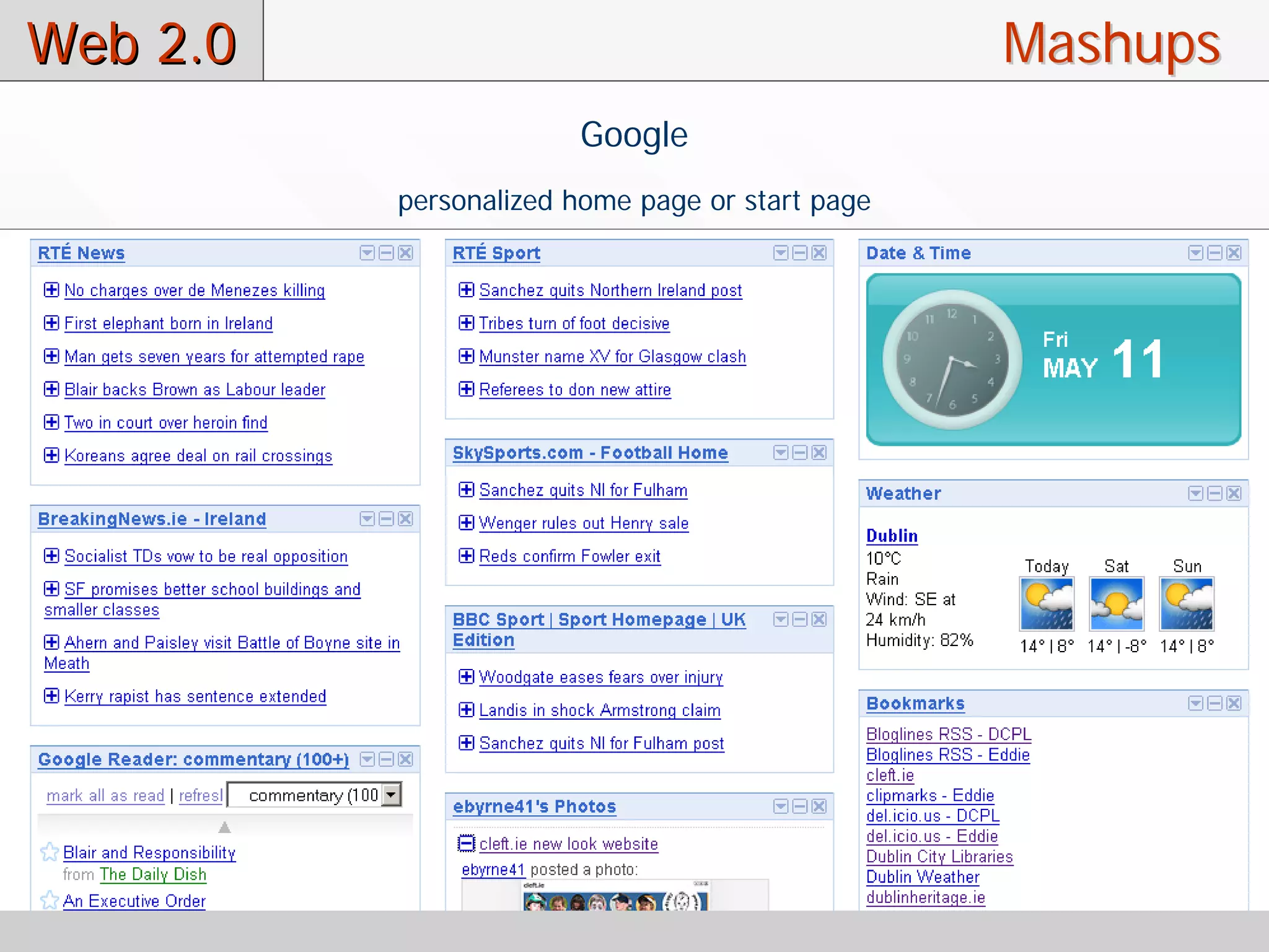 Web 2.0                                          Mashups
                       Google
          personalized home page or start page
 