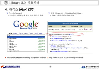 Library 2.0  적용사례 4.  아작스 (Ajax) (2/5) ▲   http://www.google.com/webhp?complete=1&hl=en ▼   Google Suggest  -  검색어 자동완성을 통한 추천 리스트 제공 Ⅳ . ▼   영국  University of Huddersfield Library -  대출 기록에 따라 도서 추천 ▲   http://www.hud.ac.uk/cls-bin/cls.pl?c=98/24 