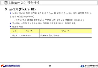 Library 2.0  적용사례 5.  플리커 (Flickr) (1/2) 누구나 자신이 찍은 사진을 올리고 태그 (tag) 를 붙여 다른 사람이 찾기 쉽도록 만든 사진 공유 사이트 (flickr.com) 사진의 특정 영역을 설정하고 그 부분에 대한 설명글을 덧붙이는 기능을 제공 도서관이 소장한 정보자원에 대한 디지털 이미지를 갤러리 형태로 제공 대표적 사례 Ⅳ . 