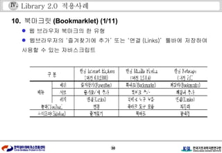 Library 2.0  적용사례 10.  북마크릿 (Bookmarklet) (1/11) 웹 브라우저 북마크의 한 유형 웹브라우저의 ‘즐겨찾기에 추가’ 또는 ‘연결 (Links)’  툴바에 저장하여 사용할 수 있는 자바스크립트 Ⅳ . 