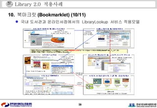 Library 2.0  적용사례 10.  북마크릿 (Bookmarklet) (10/11) 국내 도서관과 온라인서점에서의  LibraryLookup  서비스 적용모델 Ⅳ . 