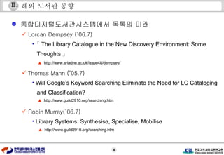 해외 도서관 동향 Lorcan Dempsey (’06.7) 「 The Library Catalogue in the New Discovery Environment: Some  Thoughts 」 Thomas Mann (’05.7)  Will Google’s Keyword Searching Eliminate the Need for LC Cataloging and Classification? Robin Murray(’06.7)   Library Systems: Synthesise, Specialise, Mobilise  Ⅱ . 통합디지털도서관시스템에서 목록의 미래   ▲  http://www.ariadne.ac.uk/issue48/dempsey/ ▲  http://www.guild2910.org/searching.htm ▲  http://www.guild2910.org/searching.htm 
