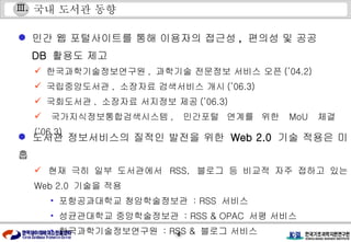 국내 도서관 동향 민간 웹 포털사이트를 통해 이용자의 접근성 ,  편의성 및 공공 DB  활용도 제고 한국과학기술정보연구원 ,  과학기술 전문정보 서비스 오픈 (’04.2) 국립중앙도서관 ,  소장자료 검색서비스 개시 (’06.3) 국회도서관 ,  소장자료 서지정보 제공 (’06.3) 국가지식정보통합검색시스템 ,  민간포털 연계를 위한  MoU  체결  (’06.3) 도서관 정보서비스의 질적인 발전을 위한  Web 2.0  기술 적용은 미흡 현재 극히 일부 도서관에서  RSS,  블로그 등 비교적 자주 접하고 있는  Web 2.0  기술을 적용 포항공과대학교 청암학술정보관  : RSS  서비스  성균관대학교 중앙학술정보관  : RSS & OPAC  서평 서비스 한국과학기술정보연구원  : RSS &  블로그 서비스 Ⅲ . 