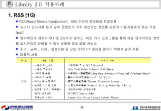 Library 2.0  적용사례 1. RSS (1/2) RSS(Really Simple Syndication) : XML 기반의 정보배급 프로토콜  뉴스나 공지사항 등과 같이 콘텐트가 자주 갱신되는 정보를 손쉽게 이용자들에게 제공 가능  (pull) 웹사이트에 접속하거나 로그인하지 않아도  RSS  리더 프로그램을 통해 매일 업데이트된 정보를 실시간으로 받아볼 수 있는 맞춤형 정보 배달 서비스  주가 ,  날씨 ,  사진 ,  음성파일 등 모든 데이터의 갱신을 알리기 위해서 널리 사용 대표적 사례 Ⅳ . 