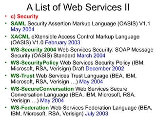 A List of Web Services II <ul><li>c) Security </li></ul><ul><li>SAML   Security Assertion Markup Language (OASIS) V1.1  Ma...