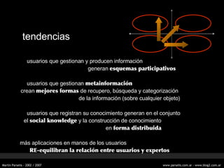 tendencias usuarios que gestionan y producen informaci ón   generan  esquemas participativos usuarios que gestionan  metainformación crean  mejores formas  de recupero, búsqueda y categorización de la información (sobre cualquier objeto) usuarios que registran su conocimiento generan en el conjunto el  social knowledge  y la construcción de conocimiento   en  forma distribuida m ás  aplicaciones en manos de los usuarios RE-equilibran la relación entre usuarios y expertos 