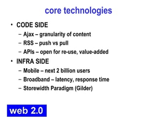 core technologies <ul><li>CODE SIDE </li></ul><ul><ul><li>Ajax – granularity of content </li></ul></ul><ul><ul><li>RSS – p...