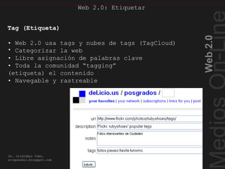 Web2.0
Dr. Cristóbal Cobo.
e-rgonomic.blogspot.com
Web 2.0: Etiquetar
Web 2.0: Etiquetar
Tag (Etiqueta)
• Web 2.0 usa tags y nubes de tags (TagCloud)
• Categorizar la web
• Libre asignación de palabras clave
• Toda la comunidad “tagging”
(etiqueta) el contenido
• Navegable y rastreable
 