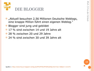 DIE BLOGGER „ Aktuell besuchen 2,56 Millionen Deutsche Weblogs, eine knappe Million führt einen eigenen Weblog.“ Blogger sind jung und gebildet 17 % sind zwischen 14 und 19 Jahre alt 28 % zwischen 20 und 29 Jahre 24 % sind zwischen 30 und 39 Jahre alt Quelle 1:  http://www.focus-magazin-verlag.de/PF4/PF4D/PF4DP/pf4dp.htm?nav=56&snr=131275 