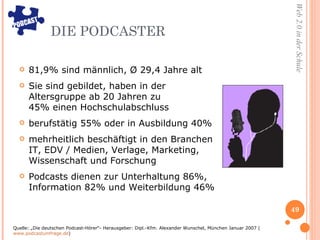 DIE PODCASTER 81,9% sind männlich,  Ø  29,4 Jahre alt Sie sind gebildet, haben in der Altersgruppe ab 20 Jahren zu  45% einen Hochschulabschluss berufstätig 55% oder in Ausbildung 40% mehrheitlich beschäftigt in den Branchen IT, EDV / Medien, Verlage, Marketing, Wissenschaft und Forschung Podcasts dienen zur Unterhaltung 86%, Information 82% und Weiterbildung 46% Quelle: „Die deutschen Podcast-Hörer“- Herausgeber: Dipl.-Kfm. Alexander Wunschel, München Januar 2007 ( www.podcastumfrage.de ) 