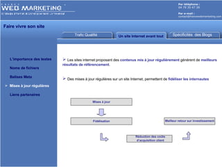 Trafic Qualifié Un site Internet avant tout Par téléphone :   04 79 35 47 39 Par e-mail : [email_address] Faire vivre son site  L’importance des textes Noms de fichiers Balises Meta Mises à jour régulières Liens partenaires Spécificités  des Blogs Les sites internet proposant des  contenus mis à jour régulièrement  génèrent de  meilleurs résultats de référencement . Des mises à jour régulières sur un site Internet, permettent de  fidéliser les internautes Fidélisation Réduction des coûts d’acquisition client Meilleur retour sur investissement Mises à jour 