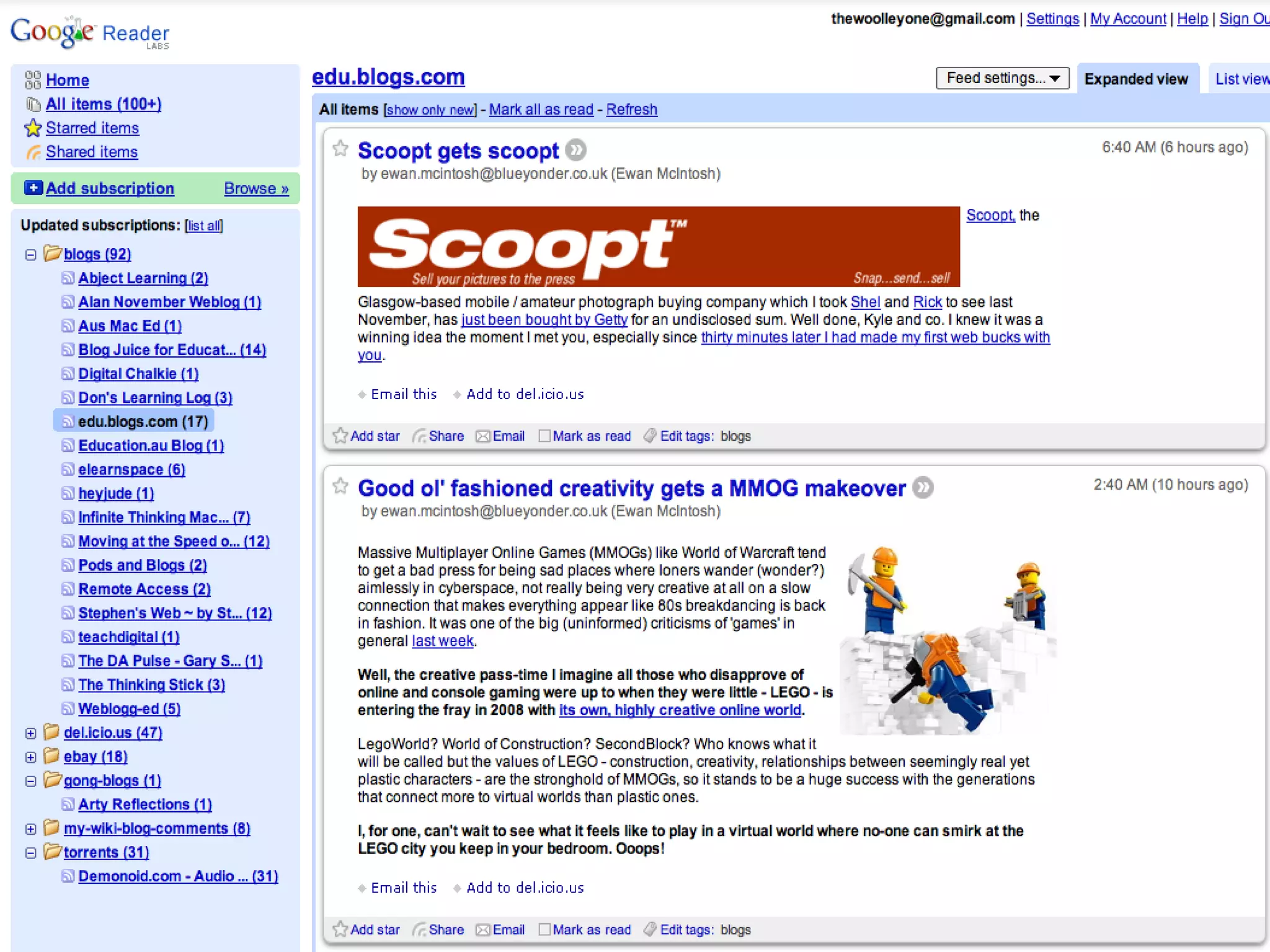 http://www.google.com/reader/view/ Create an account Sign-in Getting started Help--worth a browse Adding subscriptions Navigating around (and stuff!) 