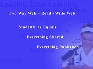 Two Way Web = Read - Write Web Students as Equals  Everything Shared Everything Published 