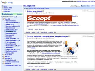 http://www.google.com/reader/view/ Create an account Sign-in Getting started Help--worth a browse Adding subscriptions Navigating around (and stuff!) 