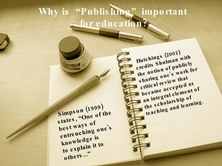 Simpson (1999) states, “One of the best ways of entrenching one's knowledge is  to explain it to others...”   Why is  “Publishing”  important  for education? Hutchings (2002) credits Shulman with the notion of publicly sharing one’s work for  critical review that became accepted as an integral element of the scholarship of  teaching and learning. 